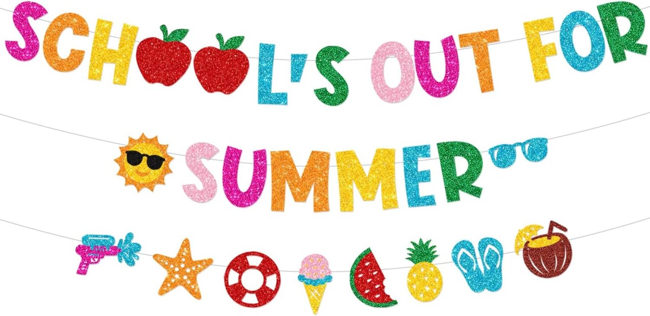 Glittery School’s Out for Summer Banner, Happy Last Day of School Hello Summer Holidays Party Supplies, End of School Year Garland Banner Beach Pool Party Fireplace Mantle Decorations